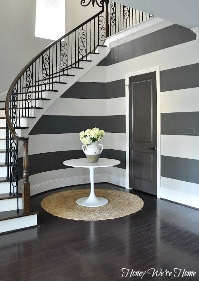 Painted curved stripes, paint colors Sherwin Williams Accessible Beige & Urbane Bronze | Honey We're Home