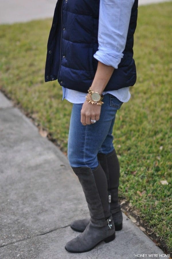 Navy blue knee top high boots outfit