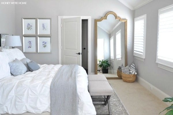 neutral master bedroom, love the Restoration Hardware leaning mirror and white bedding with neutral rug 