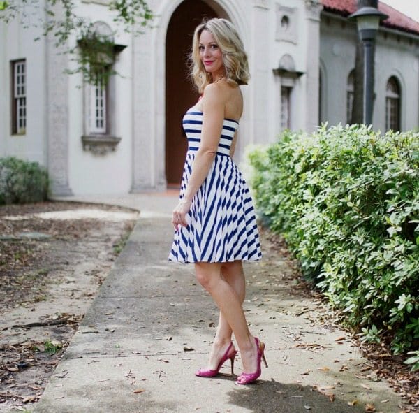 Summer Fashion - striped dress with pink heels 