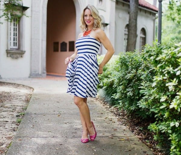 Summer Fashion - striped dress with pink heels 