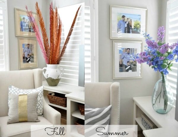 Fall vs. Summer decor - easy updates by just switching out branches and pillows 