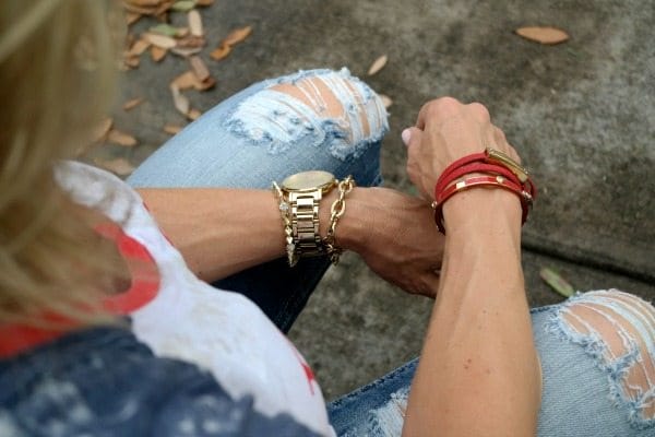 Summer Fashion - distressed jeans - Born in the USA Tee - accessories - arm candy