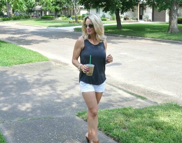 Summer Uniform - Jean Shorts and Tank Top, grey and white combo with tan sandals 
