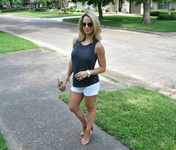 Summer Uniform - Jean Shorts and Tank Top, grey and white combo with tan sandals 