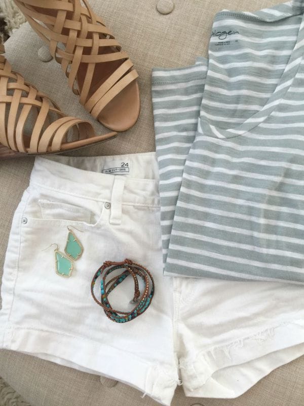 Summer Fashion - Halogen tee, white GAP jean shorts, Hinge sandals, wrap bracelet, Kendra Scott earrings