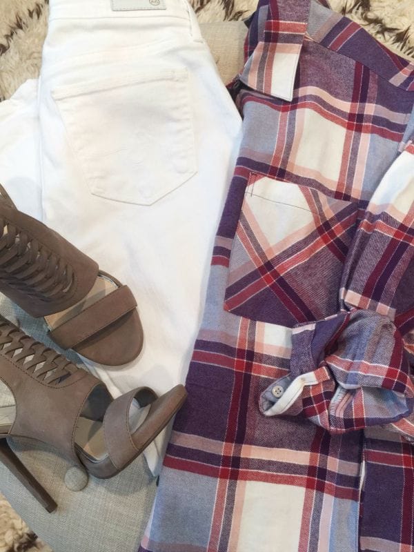 Fall Fashion - plaid boyfriend shirt, white jeans, Jessica Simpson heels