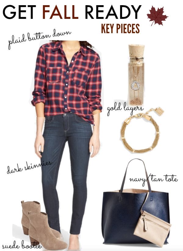 Fall Fashion - plaid button down, dark skinny jeans, gold accessories, navy/tan reversible vegan leather tote