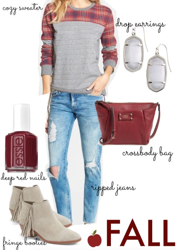 Fall Fashion - sweater, ripped jeans, fringe booties and dark red nails (Limited Addition) by Essie