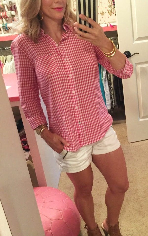 Summer Fashion - perfect vintage military shorts (other colors) + gingham button down top