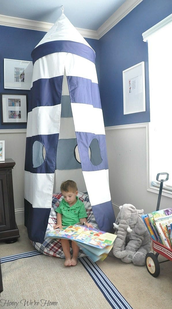 Big boy room with Pottery Barn striped canopy - perfect reading nook