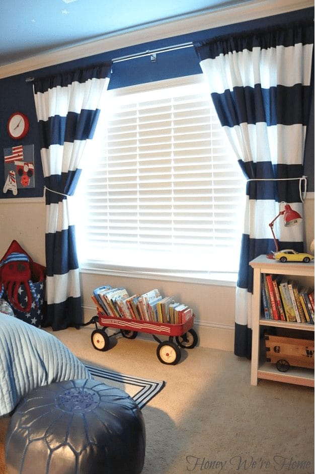 Easy DIY - turn West Elm stripe shower curtains into drapes 