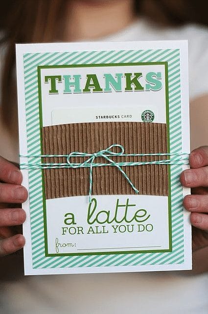 Teacher Gift- Thanks a Latte Starbucks gift card with free printable via Skip to My Lou