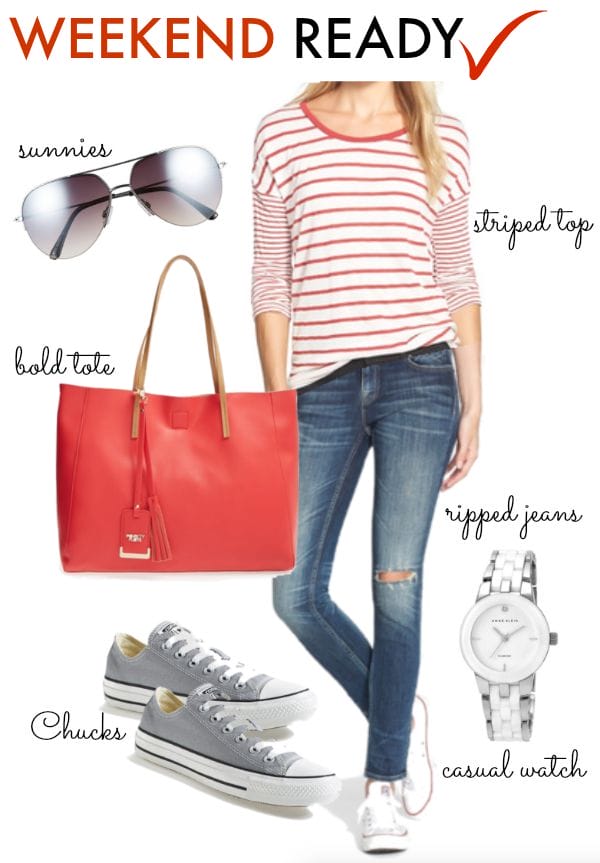 Fall Fashion - weekend casual outfit with striped top, distressed jeans and converse sneakers 