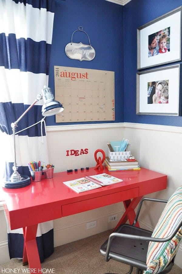 Big kid room with World Market Josephine desk in red - perfect homework nook