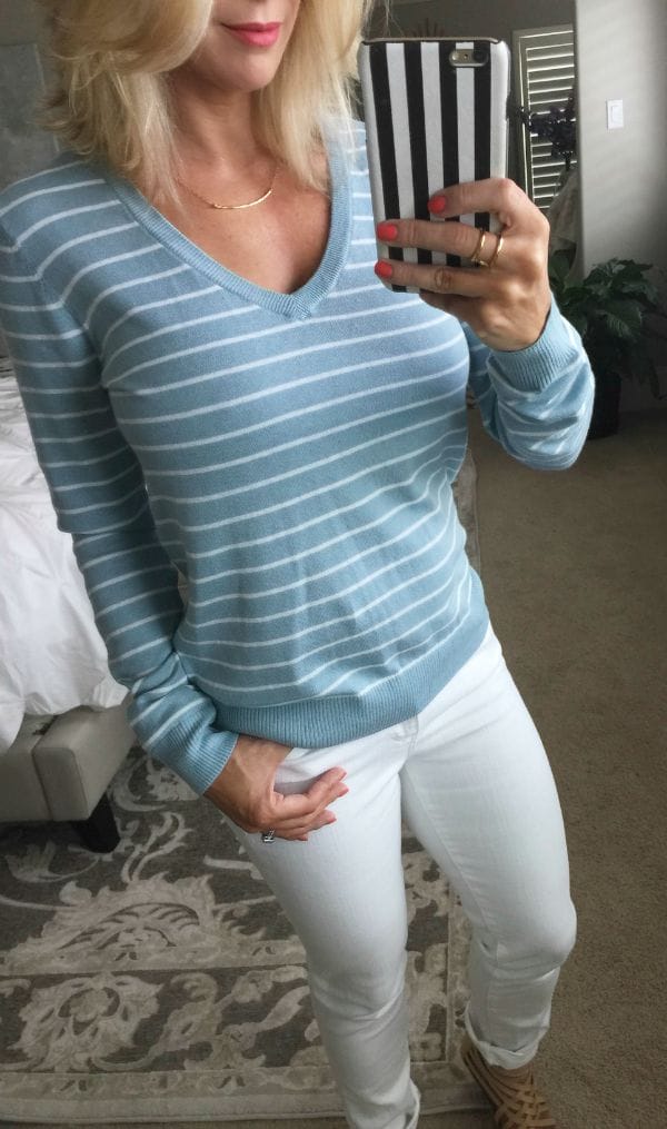Fall fashion - stripe v-neck pullover and jeans 