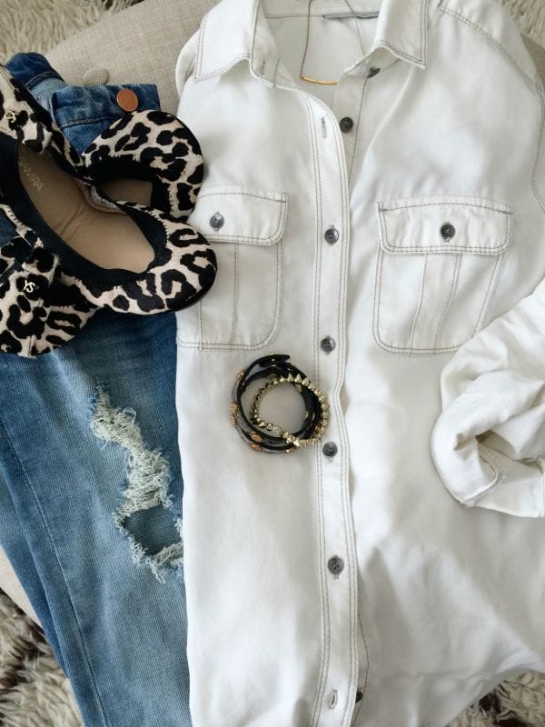 Fall fashion - white button down, ripped jeans, and leopard flats 