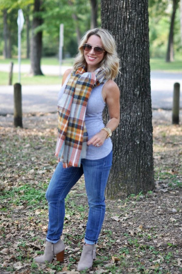 Fall Fashion - plaid scarf, tank top, skinny jeans and booties 
