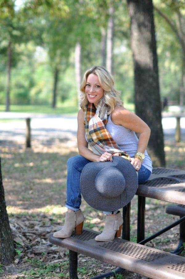 Fall Fashion - plaid scarf, tank top, skinny jeans, booties and hat