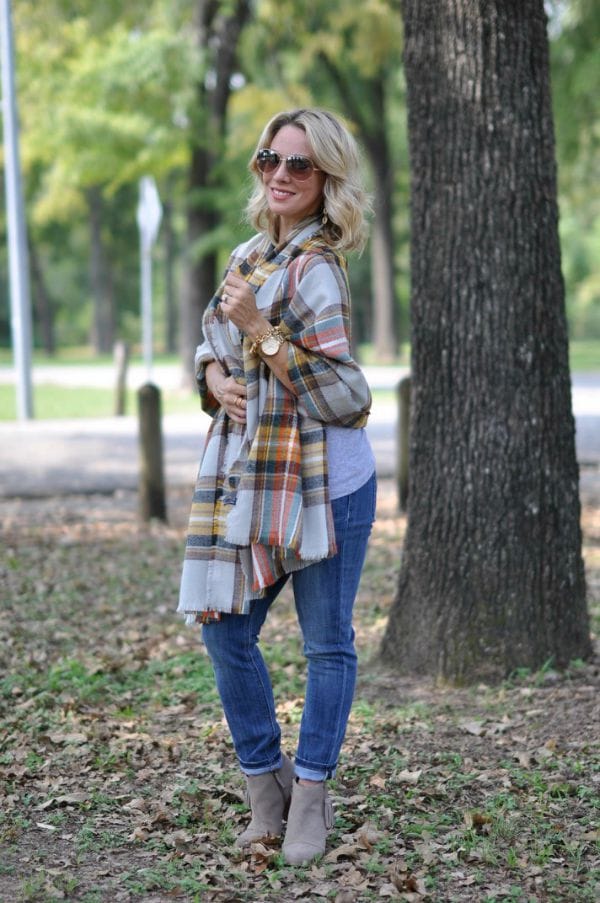 Fall fashion - the colors in that scarf! and under $25! with a tassel bootie!