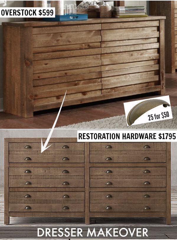 Transform a less expensive wooden Overstock dresser into a RH look-a-like with the addition of drawer pulls! Easy! 