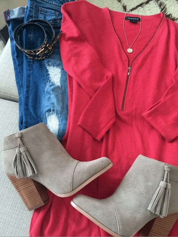 Fall fashion- distressed jeans, zip sweater, booties