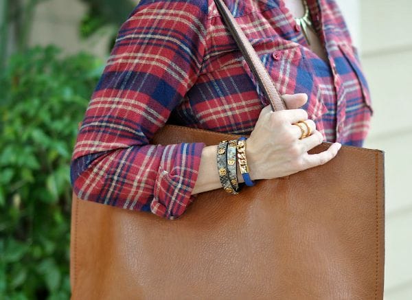 Fall Fashion - plaid shirt dress - wrap bracelet and reversible tote bag