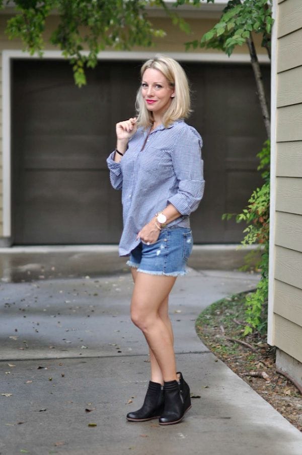 Fall fashion - button down shirt + cutoff jean shorts + booties, great for transitioning from summer to fall