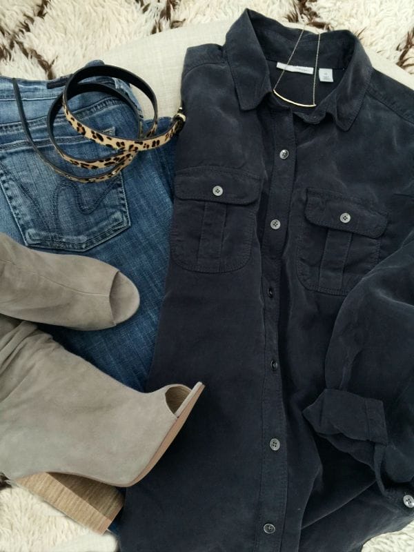 Fall fashion - button down, ripped jeans, and booties 
