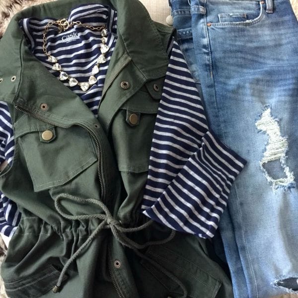 Fall fashion - distressed jeans, military vest, striped shirt 