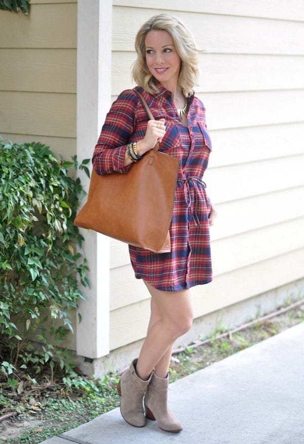 Fall fashion - love mixing a plaid shirtdress with a low bootie 