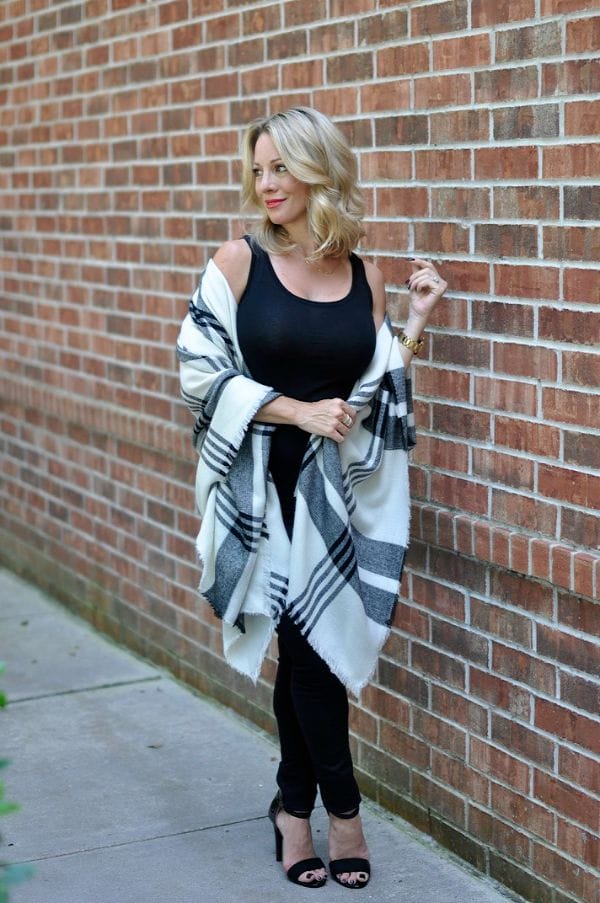 Fall Fashion - black and white plaid poncho with black skinny jeans and heels 