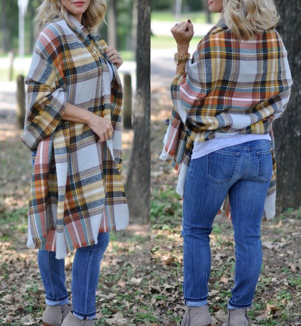 Fall Fashion - plaid blanket scarf, tank top, skinny jeans and booties 
