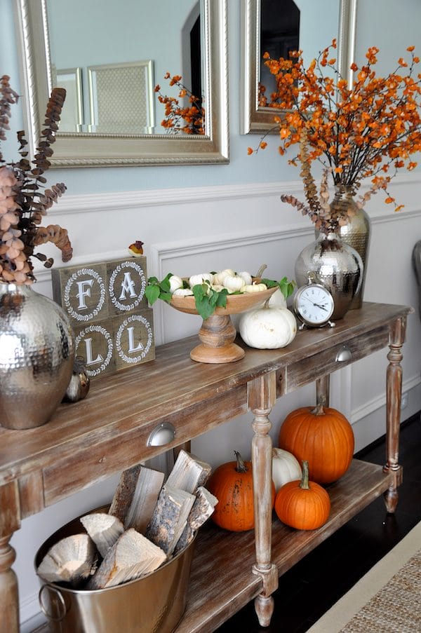 Fall decor using items in your home and natural elements like real pumpkins, yard clippings and firewood | Honey We're Home 