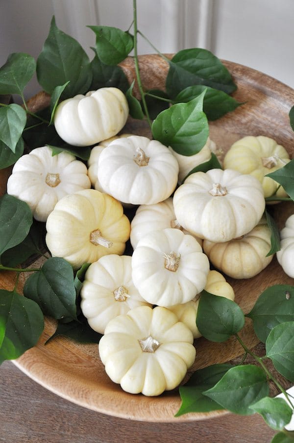 Easy Fall Decor- white mini pumpkins in a wooden bowl with yard clippings | Honey We're Home