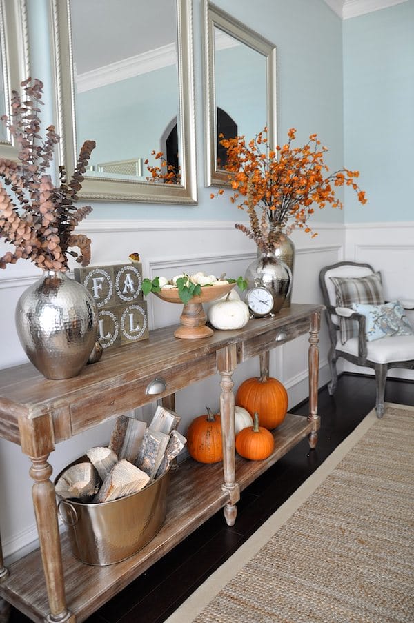 Fall decor using items in your home and natural elements like real pumpkins, yard clippings and firewood | Honey We're Home
