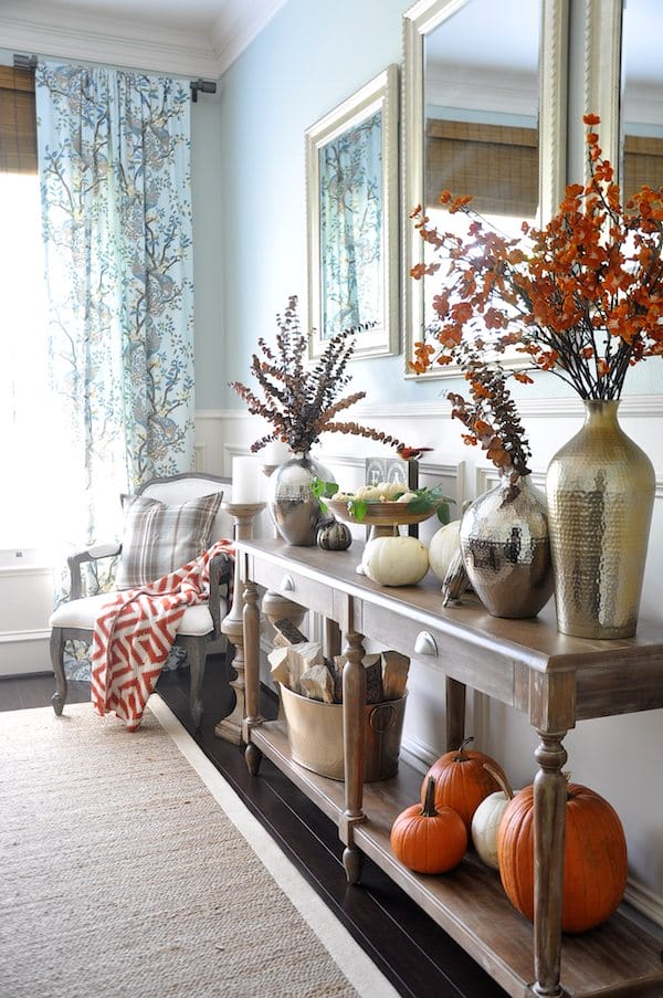 Fall decor using items in your home and natural elements like real pumpkins, yard clippings and firewood | Honey We're Home