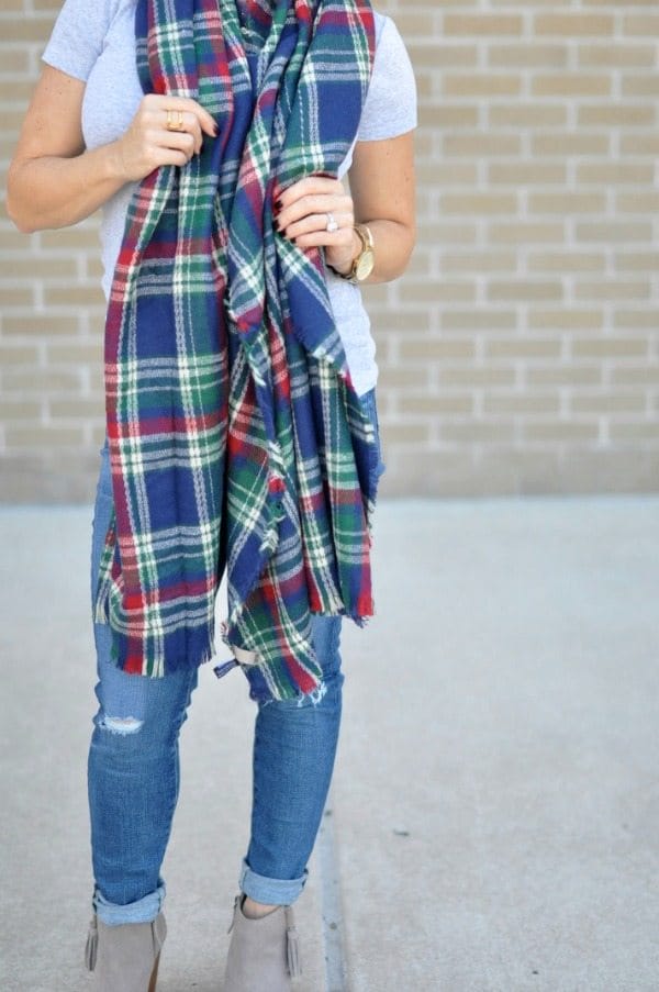 Fall Fashion - ModCloth blanket scarf with tee, jeans and booties