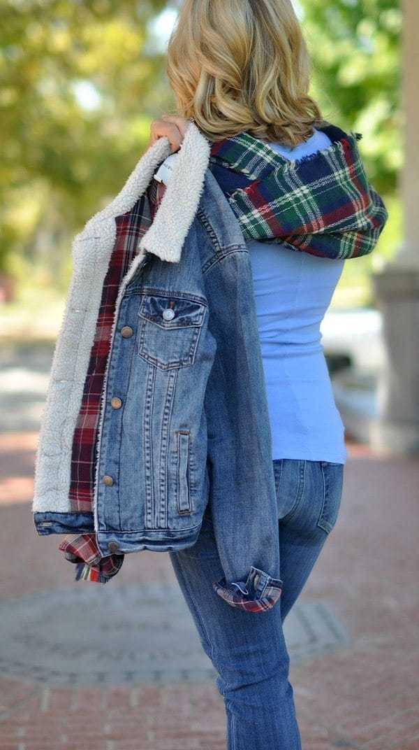 Fall Fashion - ModCloth jean jacket with blanket scarf, jeans and booties
