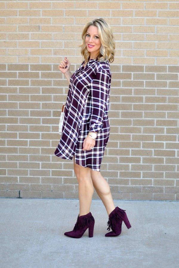 Fall Fashion - ModCloth shirtdress/tunic in plum with fringe booties