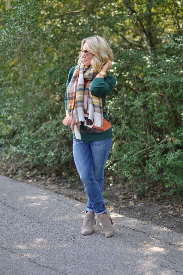 Fall Fashion - plaid blanket scarf, sweater, skinny jeans and booties 