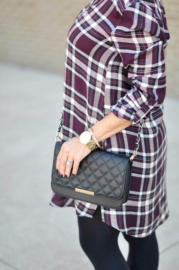 Fall Fashion - ModCloth shirtdress/tunic in plum with black tights