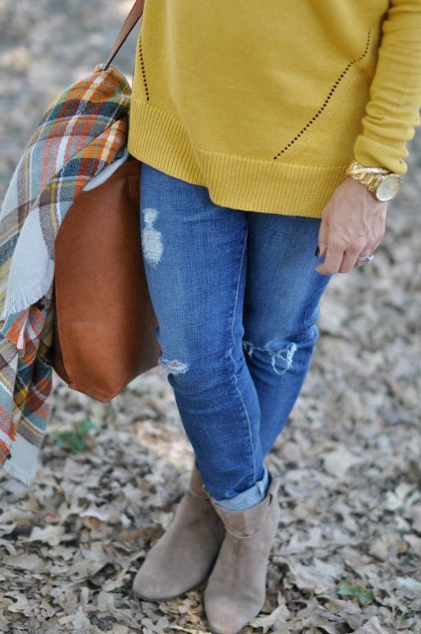Fall Fashion - ModCloth blanket scarf with sweater, jeans and booties