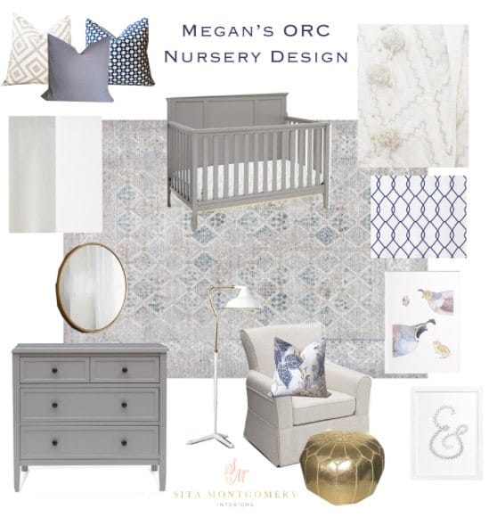 Neutral Nursery Design with grey crib and dresser, pops of color and gold | Honey We're Home & Sita Montgomery Interiors 