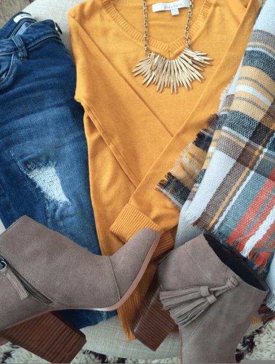 Fall fashion - distressed jeans, solid sweater, statement necklace, plaid scarf, booties 