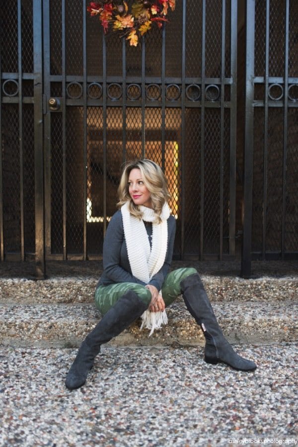 Winter fashion - camo pants, grey shirt, white scarf with grey knee high boots 