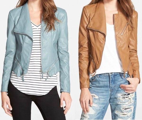 Fall fashion - BLANKNYC Faux Leather Jacket in light blue or tan