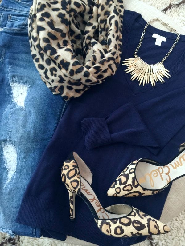 Fall fashion - distressed jeans, solid sweater, statement necklace, leopard heels 