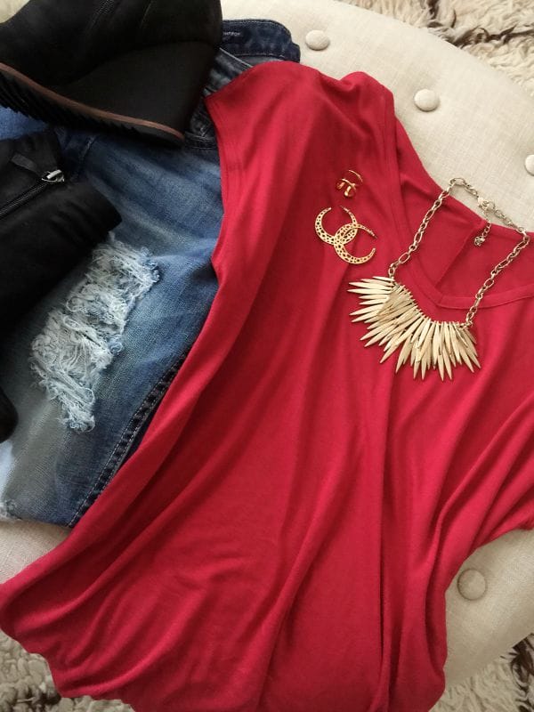 Fall fashion - Halogen side slit double v-neck tee with distressed jeans, statement necklace and wedge booties