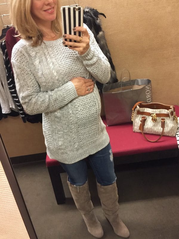 Winter fashion - jeans, tall suede tan boots, cable knit sweater 